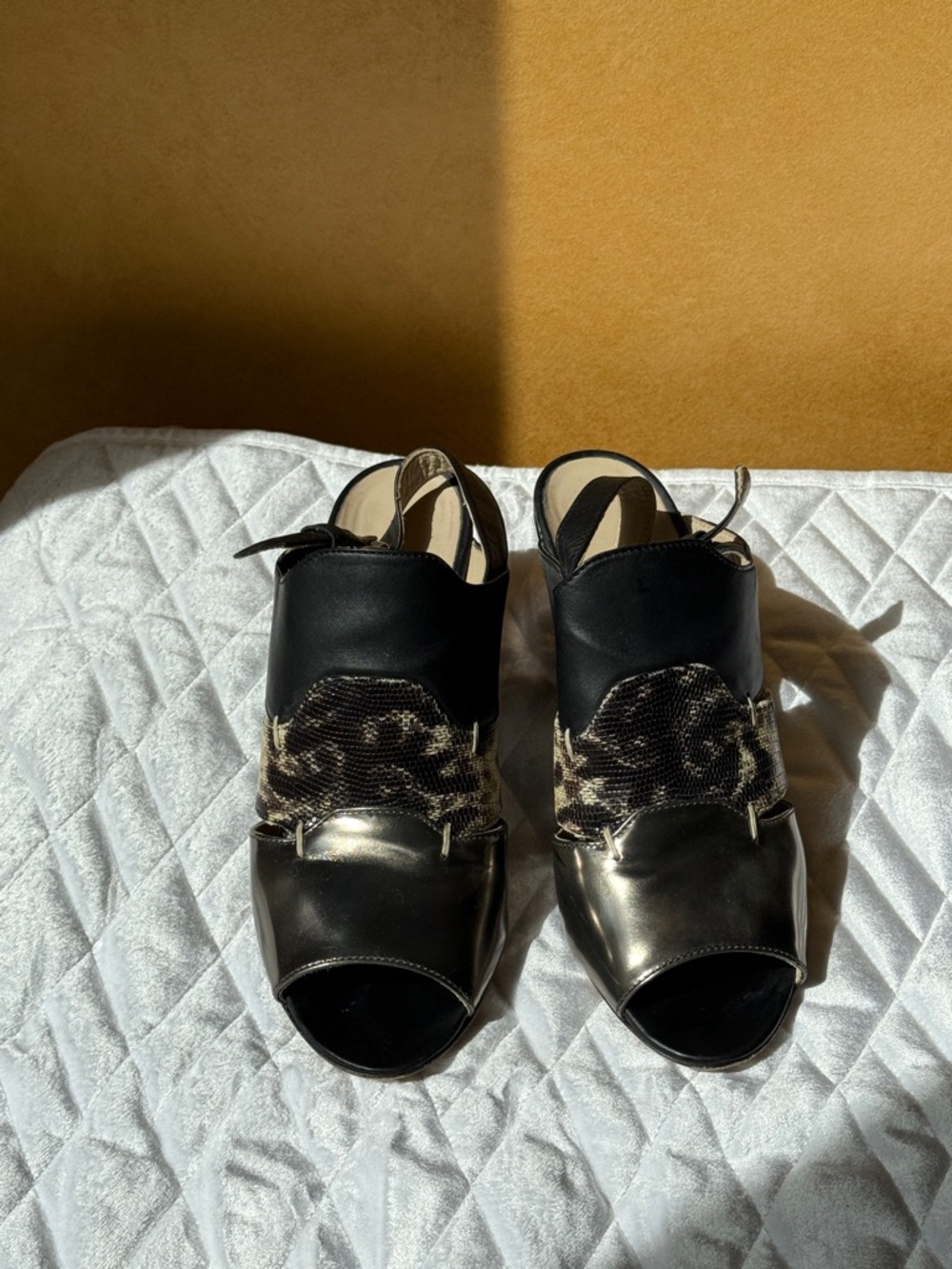 AGL Black Leather Wedge Sandals with Leopard Print Panel - Picture 5 of 10